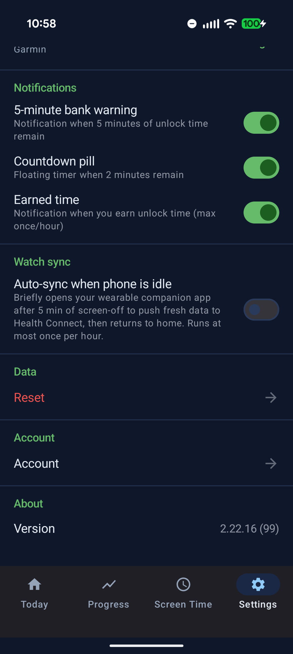 Account and sync settings screen
