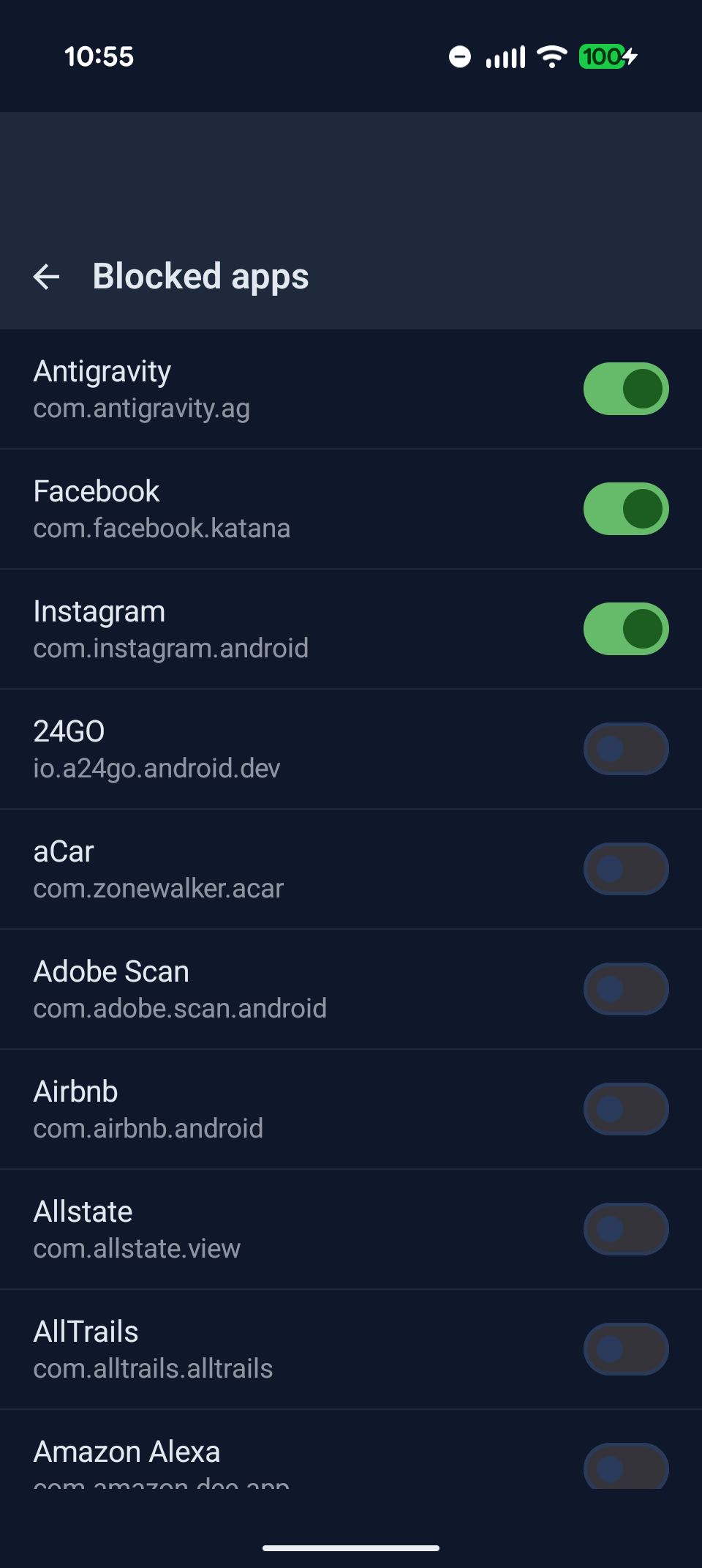 Blocked Apps settings screen