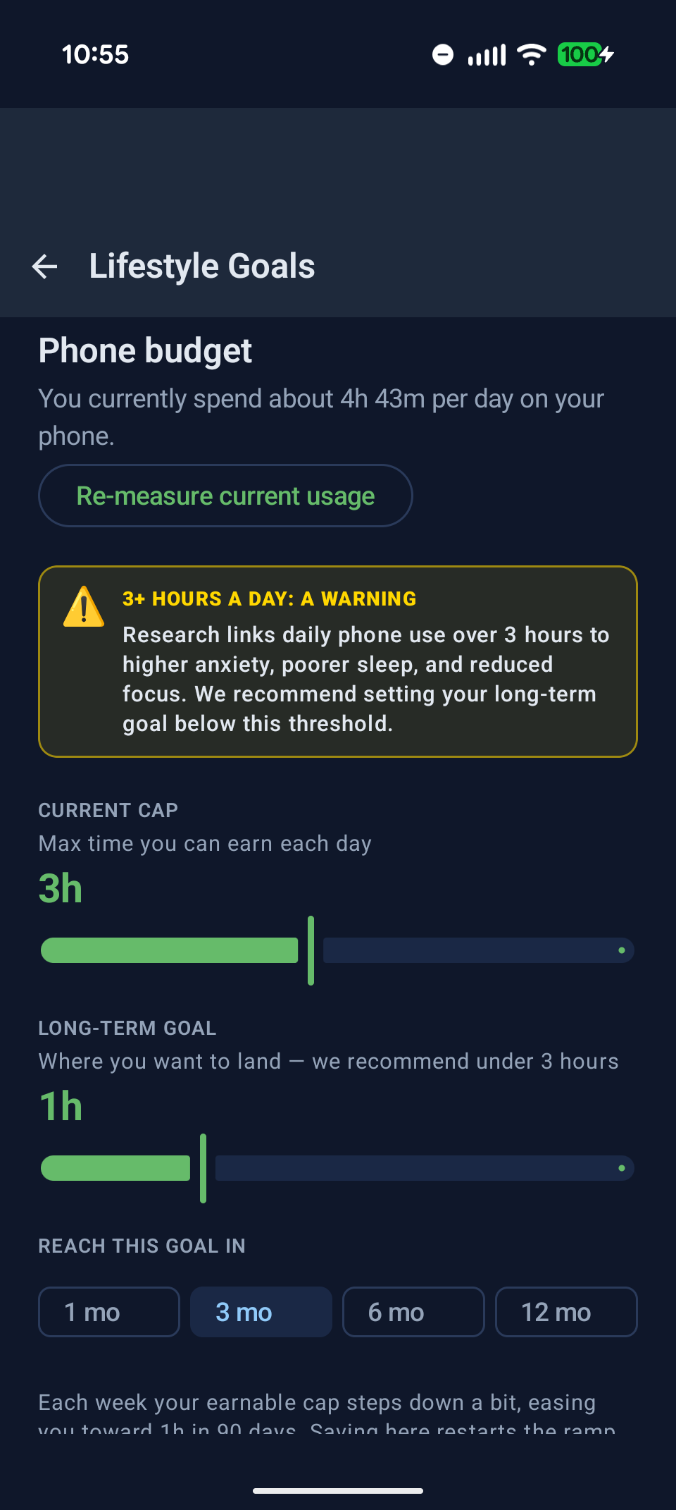 Lifestyle Goals screen showing phone budget settings