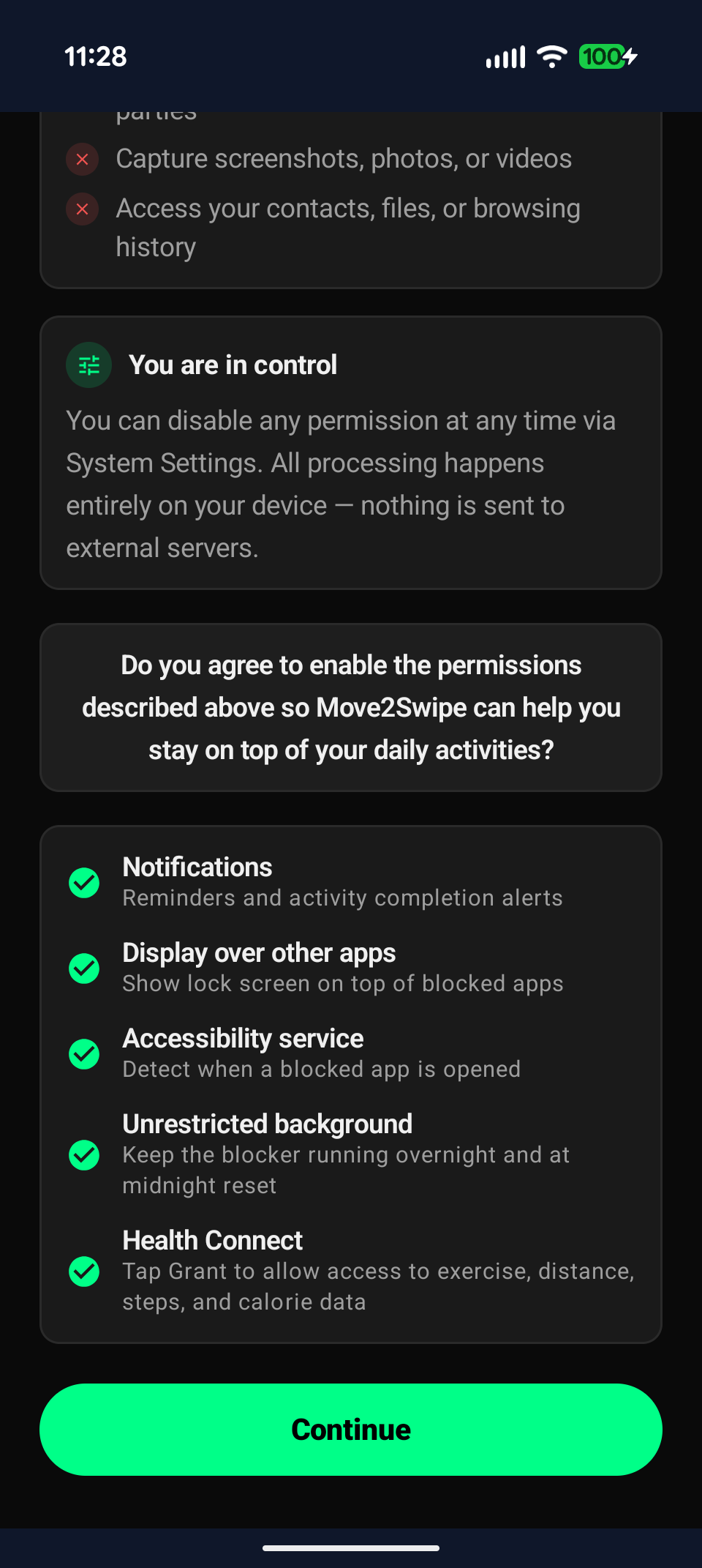 Permissions screen